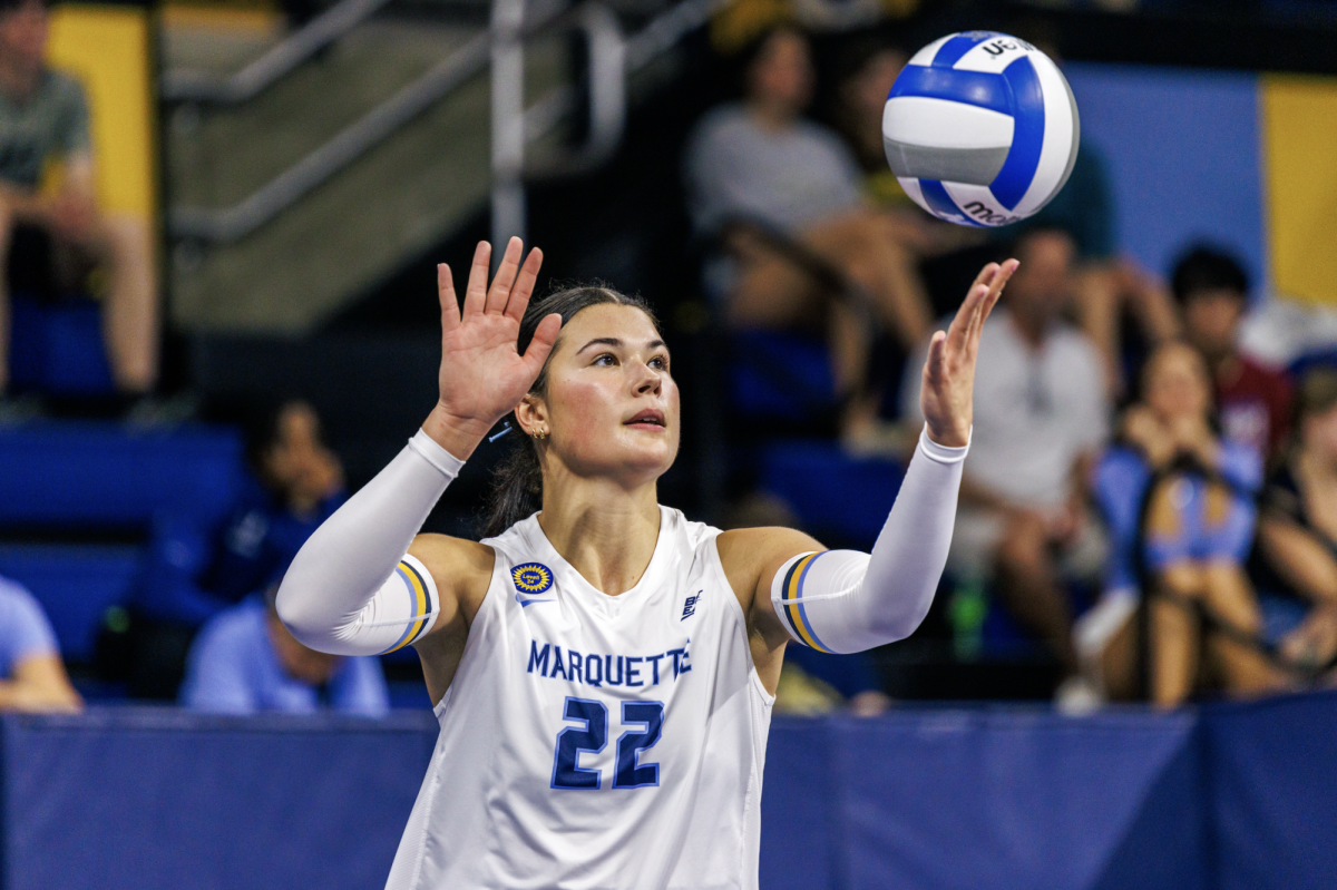 Hattie Bray tied her season-high 15 kills in Friday's 3-0 sweep over Xavier. (Photo courtesy of Marquette Athletics.)